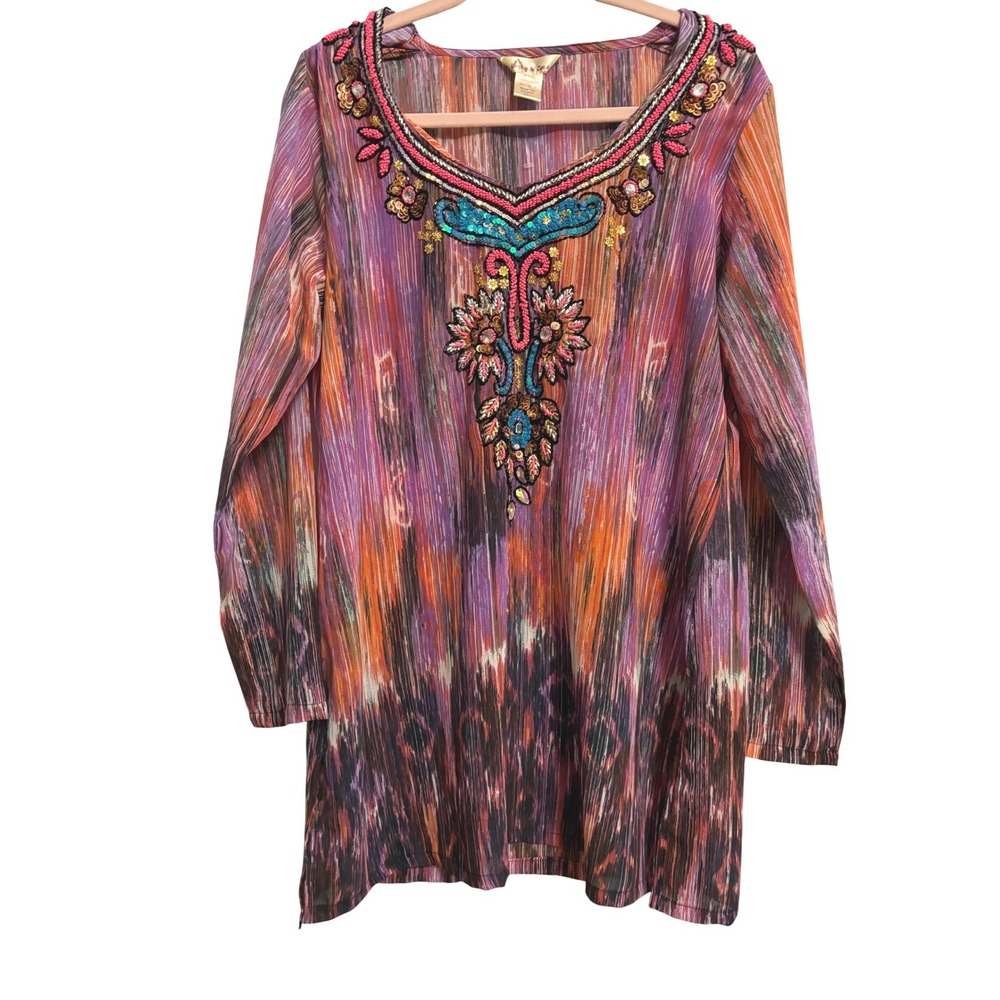 Lucky & Coco Womens Beaded Ikat Swim Suit Coverup Size L